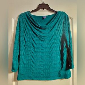 Laura Scott Blouse Women XL Teal Cowl Neck Smocked Textured 3/4 Sleeve